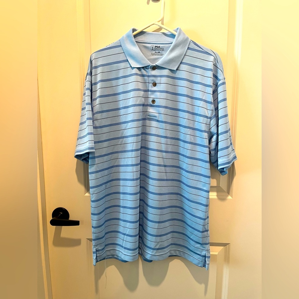 PGA Tour Men's Light Blue Polo with Navy Stripes